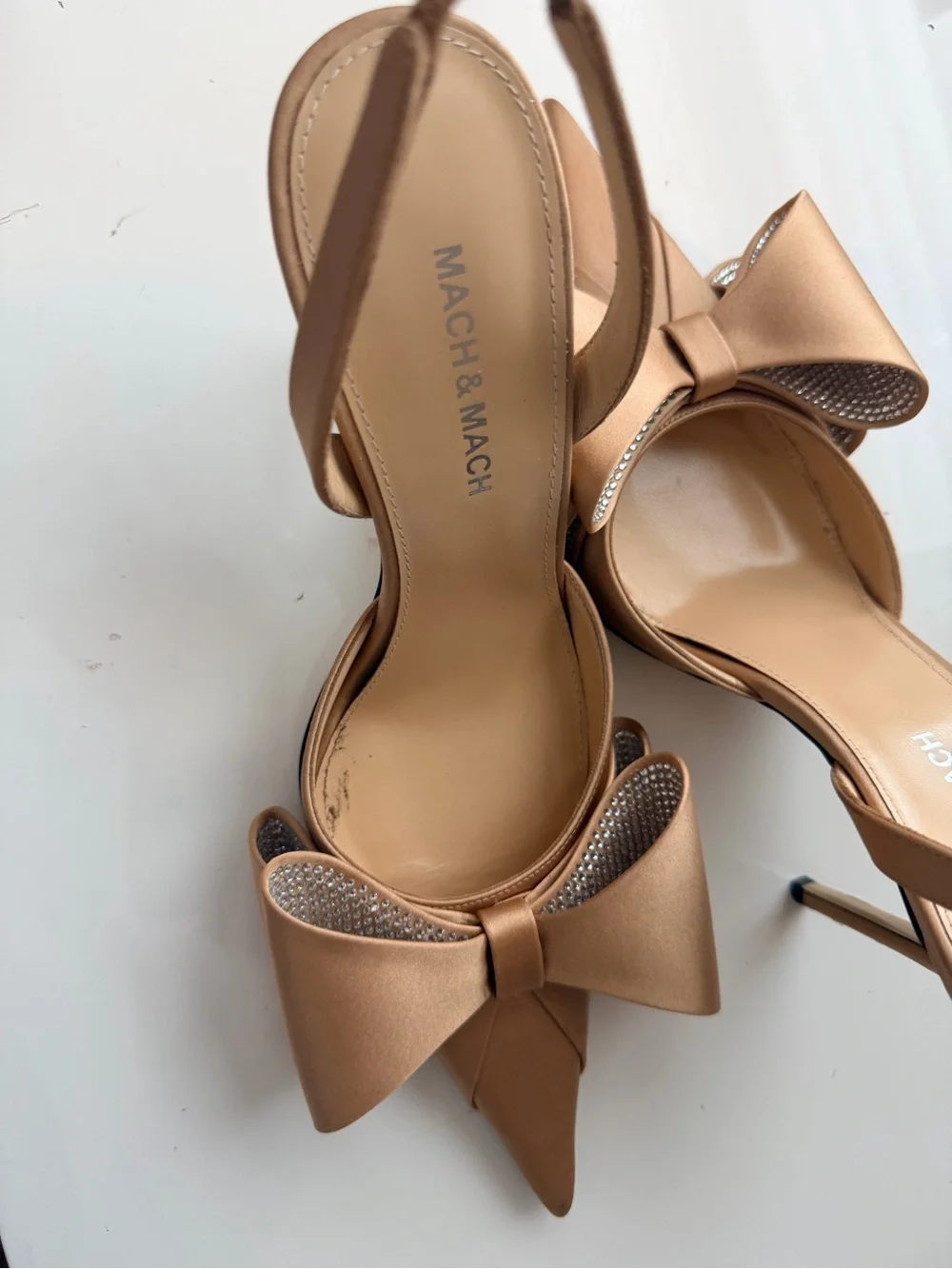 MACH & MACH Metallic Champagne Bow Pointed Slingback Heels